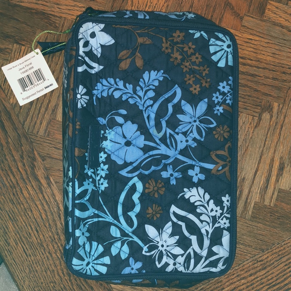 Vera Bradley large blush & brush makeup case blue brown floral new with tags